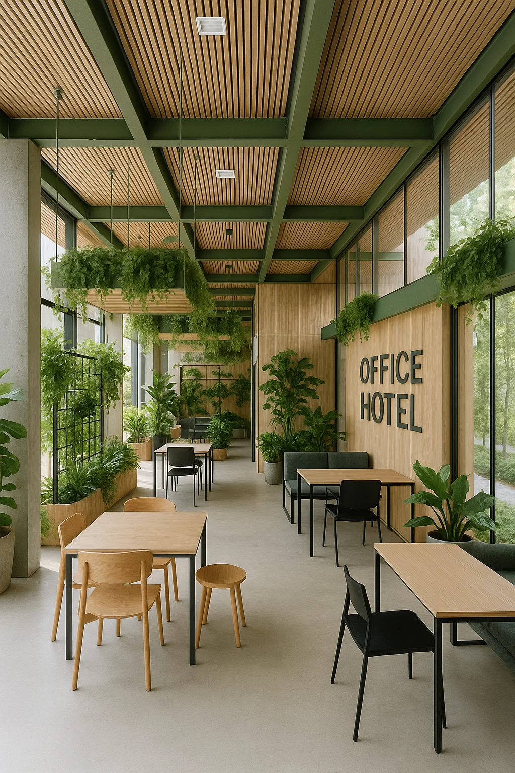 Et lyst kontorhotel med grønne planter, naturlige materialer og moderne møbler, der skaber et indbydende lounge- og arbejdsområde.