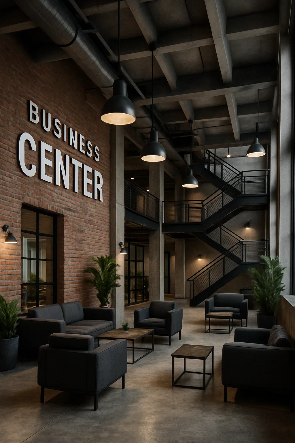 Moderne loungeområde i et business center med rå betonloft, murstensvægge, sorte metaltrapper og store vinduer. Der er mørke loungemøbler, små borde og grønne planter samt store lamper, der hænger fra loftet. Skiltet "Business Center" er synligt på væggen.